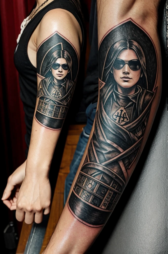 Tattoo of the symbol of "the illuminated (resident evil 4)" in blackwork style.on the side of the arm