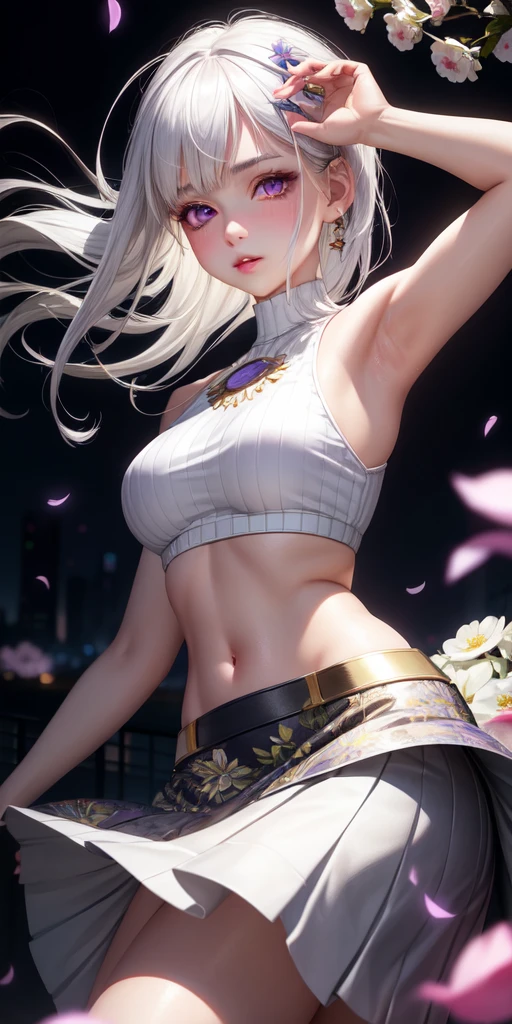 realistic, 1girl, white hair, purple eyes, glowing eyes, crop top, skirt, parted lips, blush, night, flowers, sun, sunlight,