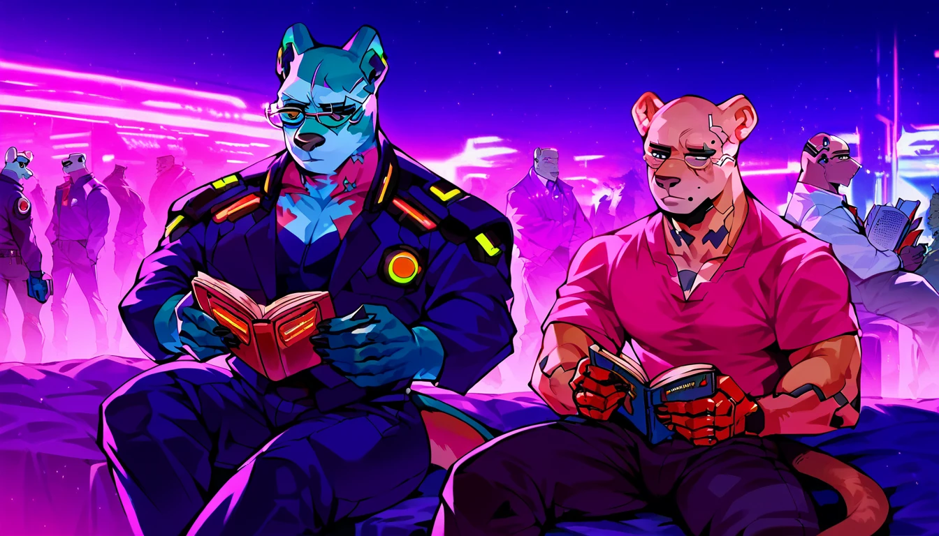 score_9, score_8_up, score_7_up, (cyberpunk city, night room, luxury apartment, security guards on background:1.5),
((mole:1.2), anthro, male, many, others, 2others, gang, sitting, (reading:1.2), ((wears shirt, business suit)), mafia boss guards, glasses, scars, bald head, beautiful, (wears cyberpunk additions:1.5)