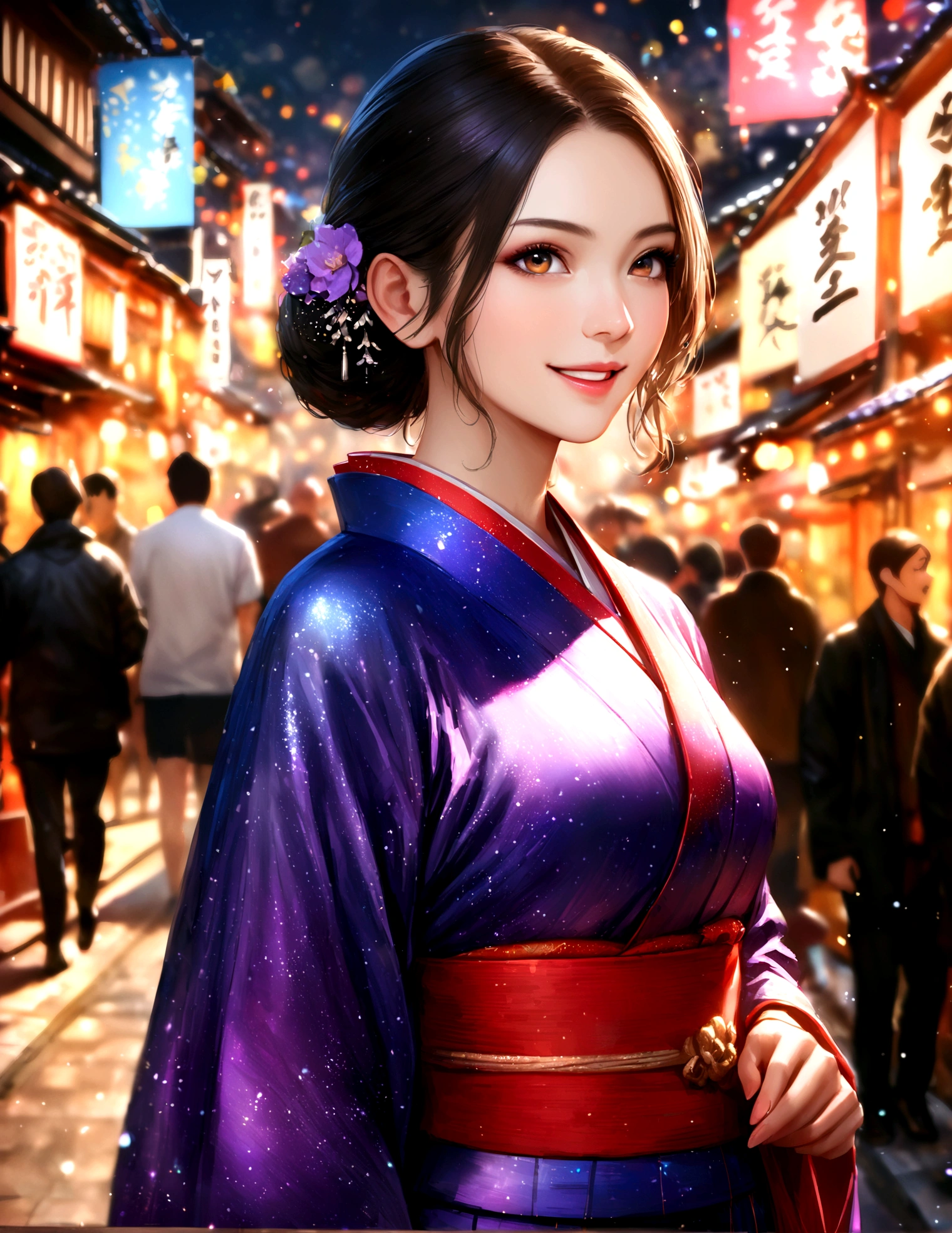 Kyoto cityscape, kimono,Blur the background,young woman,smile,Glitter effect,Highest quality,8K, High resolution, masterpiece:1.2, Very detailed, Realistic:1.37, High resolution, 超High resolution, Ultra-fine painting, Very detailedな, Vibrant colors