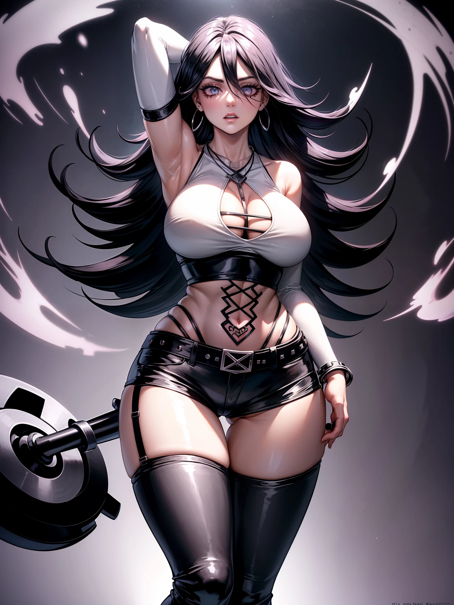 score_9, score_8_up, score_7_up, Goth girl, goth girl 1girl, 1girl,solo,long hair, big breasts,looking at viewer, white hair, black lips, jewelry,earrings,midriff ,necklace,hair over one eye,black eyes,grey eyes,tattoo,makeup,cross,,gothic, big , Black low waisted leather jeans, black high waisted , black long boots, (white short top,) underboob, Standing, hand over head, low angle,