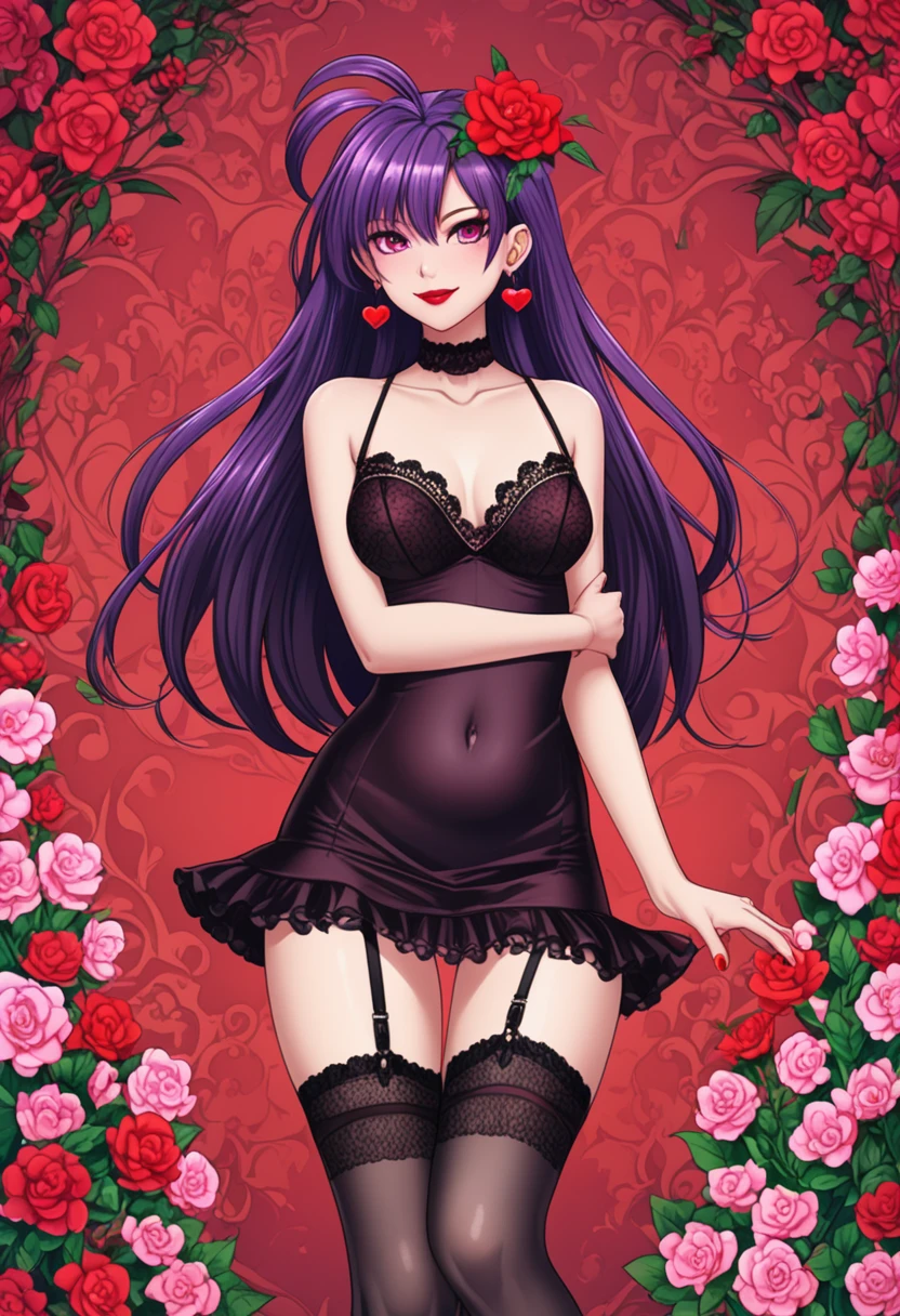 (anime, masterpiece, intricate:1.1), summer aestetic background, comics_darkstalkers_morrigan_aensland, 1girl, Slender hips, slim stomach, thin waist, sexy posing, aesthetically pleasing view, looking at viewer, medium breasts, slim body, violet hair, violet eyes, skimpy black silk dress, open back dress, heart-shaped belly cutout in dress, long hair, decorative flower hair clip, black garter stockings, symmetrical stocking size, very short mini skirt, lingerie, heart shaped earrings, girly decorations, solo, flowers, modest smile, bright red lipstick, painted nails (red)