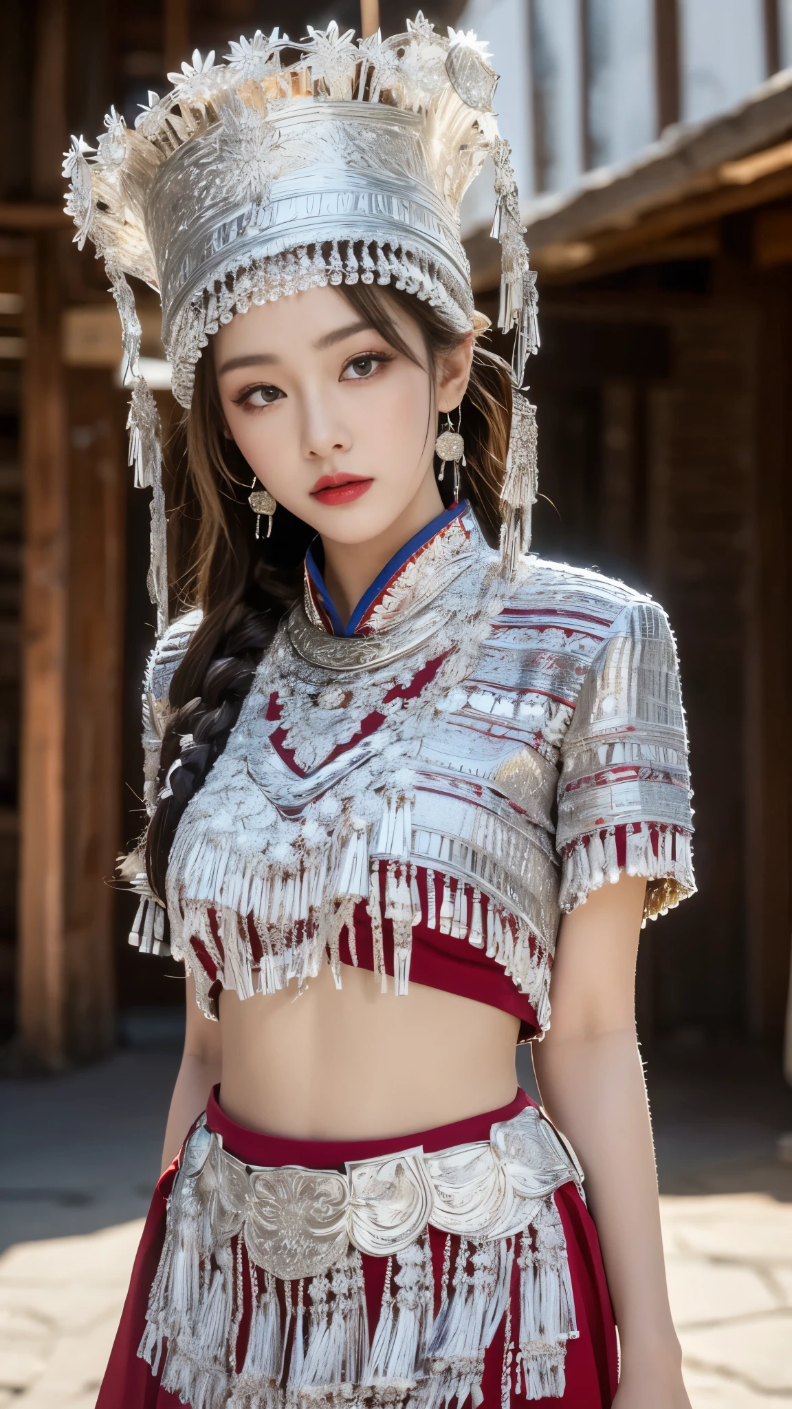 （8K，best quality，masterpiece：1.2），Ultra-high detail，Professional lighting，best quality，Ultra-high resolution，Visually stunning，（1 girl：1.1），（Hmong costumes、headgear），Real human skin，（Perfect body 1.3）Super delicate face。