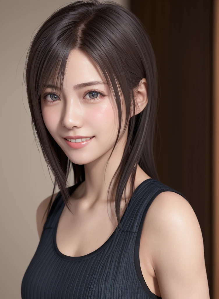 high quality picture, masutepiece, detailed hair texture, Detailed skin texture, Detailed Cloth Texture, 8K, Add fabric details, ultra detailed skin texture, ultra detailed photographic, Skin pores, Portrait of a girl, wearing tank top,light smile 