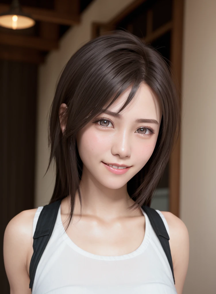high quality picture, masutepiece, detailed hair texture, Detailed skin texture, Detailed Cloth Texture, 8K, Add fabric details, ultra detailed skin texture, ultra detailed photographic, Skin pores, Portrait of a girl, wearing tank top,light smile