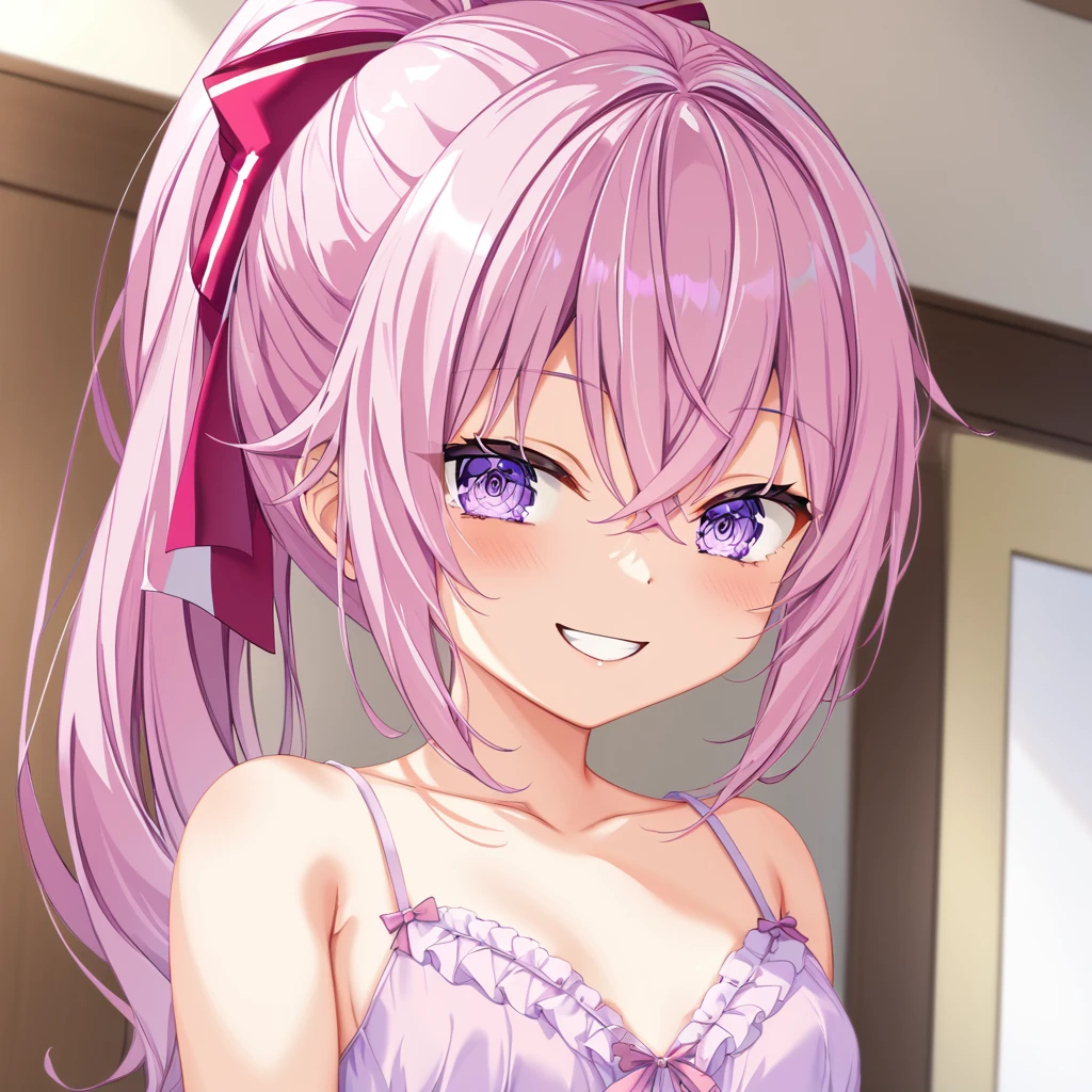 (((masterpiece)))(((Highest quality)))(((8K)))(((4K)))One Little Girl、10 years old、Straight Hair、(Pink Hair)Pink high ponytail、Ribbon on head、Crossed bangs、Light purple eyes、Squint your eyes、((Smile with your mouth closed))、((chemise))、Small breasts、Diagonally from behind、turn around、Upper Body、Anime Style