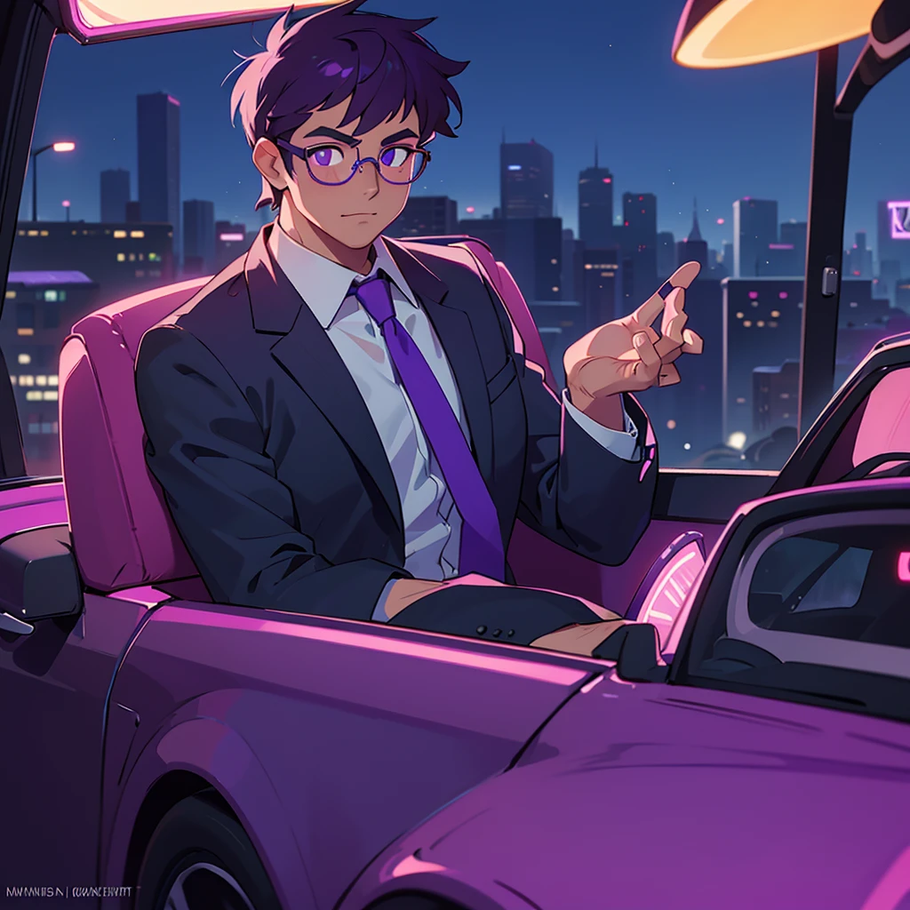 A handsome businessman with glasses driving a purple convertible through the neon-lit city