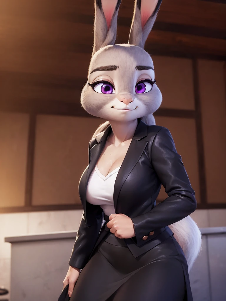 best quality,
masterpiece,
3D anime,
(((solo))),
(((1girl))),
((Face is JudyHopps)),
(long ears like a rabbit:0.8),
Heir is in a black ponytail style,
Her eye color is purple,
Body is human lady,
She is a new employee,
Hers outfit is business suit,
She is wearing a black jacket over a white blouse,
(She is wearing a black skirt:1.2),
(the suit is made of wool:1.4),
((skin is silver with fluffy and fluffy)),
(portrait view),
In the background there is office space, 
((Her cheeks are red)),
((she is trying to take off her jacket))
