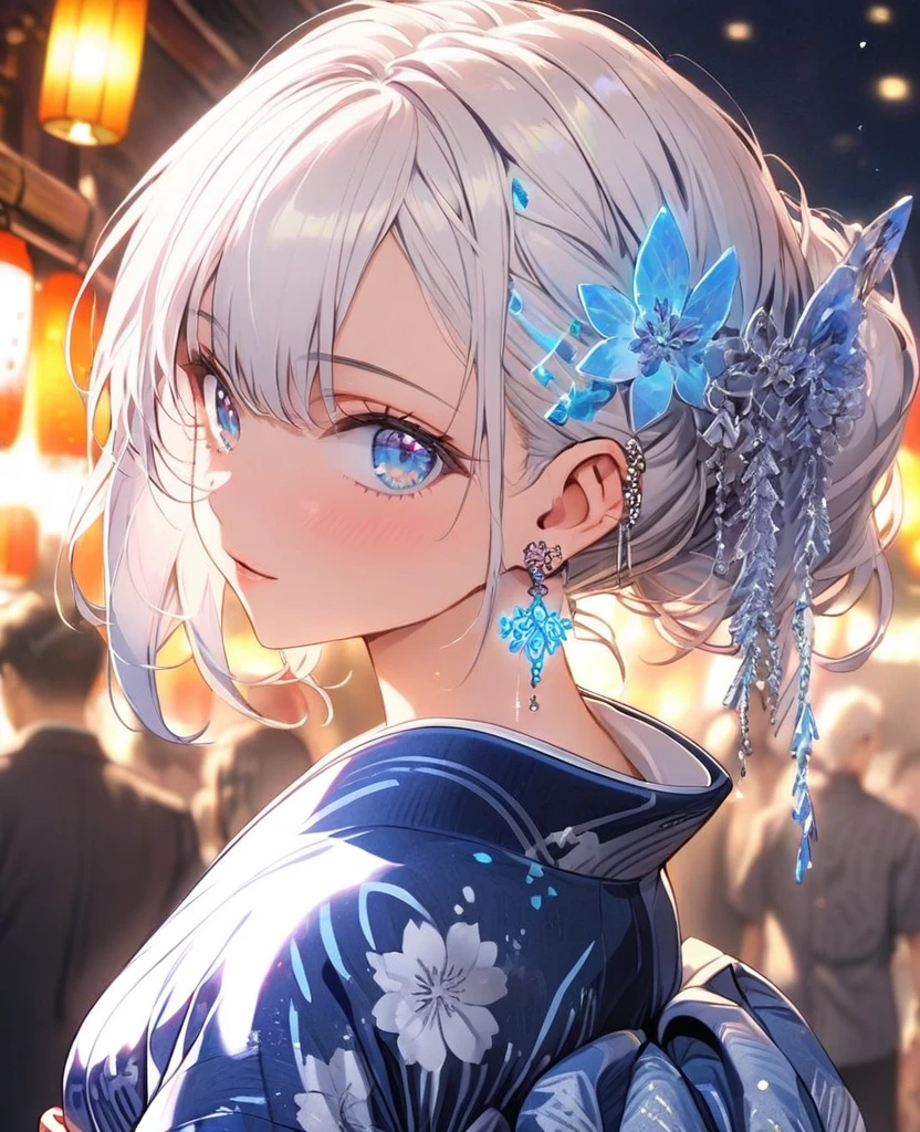 gal，Glittery earrings，Blue glowing tattoo,Long white hair,blue eyes,yukata