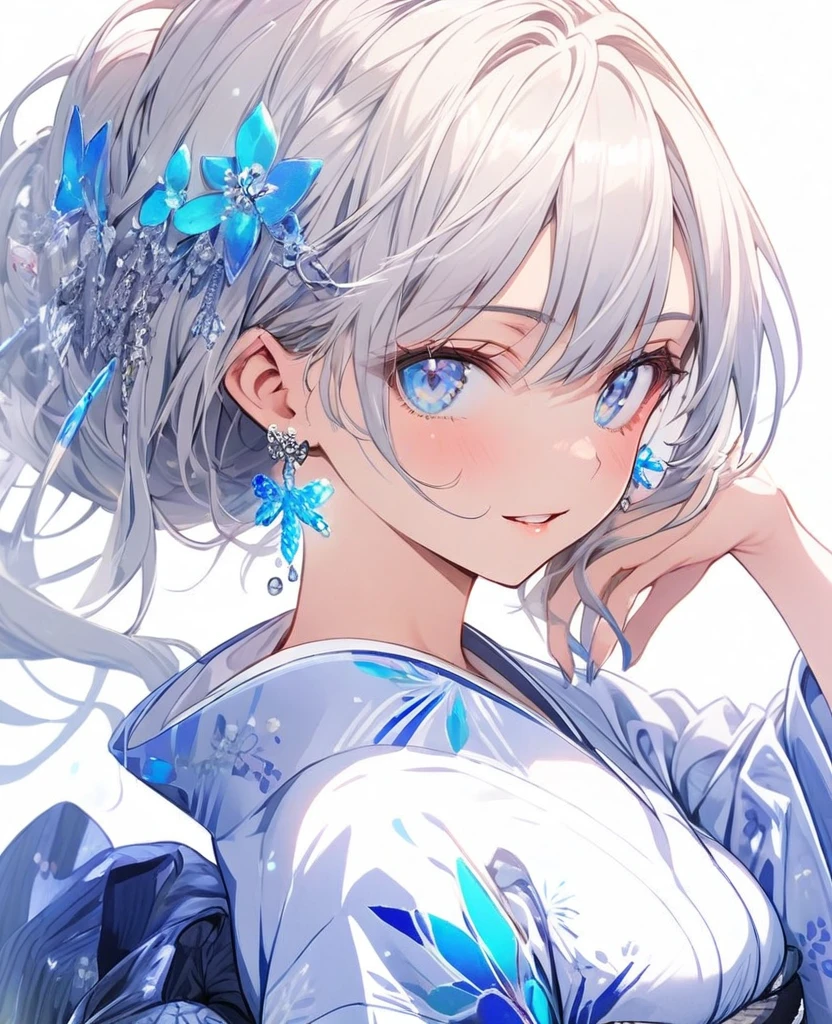 gal,Glittery earrings,Blue glowing tattoo,Long white hair,blue eyes,yukata