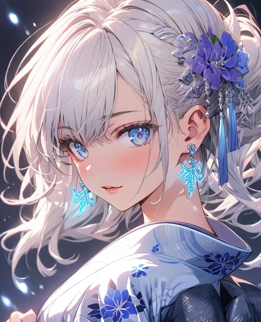 gal，Glittery earrings，Blue glowing tattoo,Long white hair,blue eyes,yukata