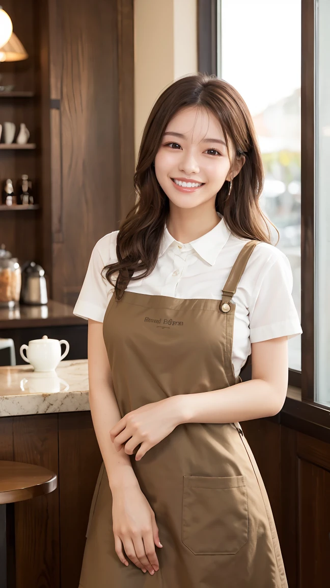 (highest quality、Tabletop、8k、Best image quality、Award-winning works)、Woman working in a café、The perfect brown apron、A classy shirt and apron、Big Breasts、(Accentuate your body lines:1.1)、Beautiful woman portrait、The most elegant and cozy cafe、The most natural cafe, Perfectly organized、The most atmospheric and warm lighting、Stylish and elegant cafe、Strongly blurred background、Look at me and smile、Accurate anatomy、Ultra high resolution perfect beautiful teeth、Ultra-high definition beauty face、Ultra HD Hair、Ultra HD The Shining Eyes、The Shining, Super high quality beautiful skin、Super high quality glossy lip