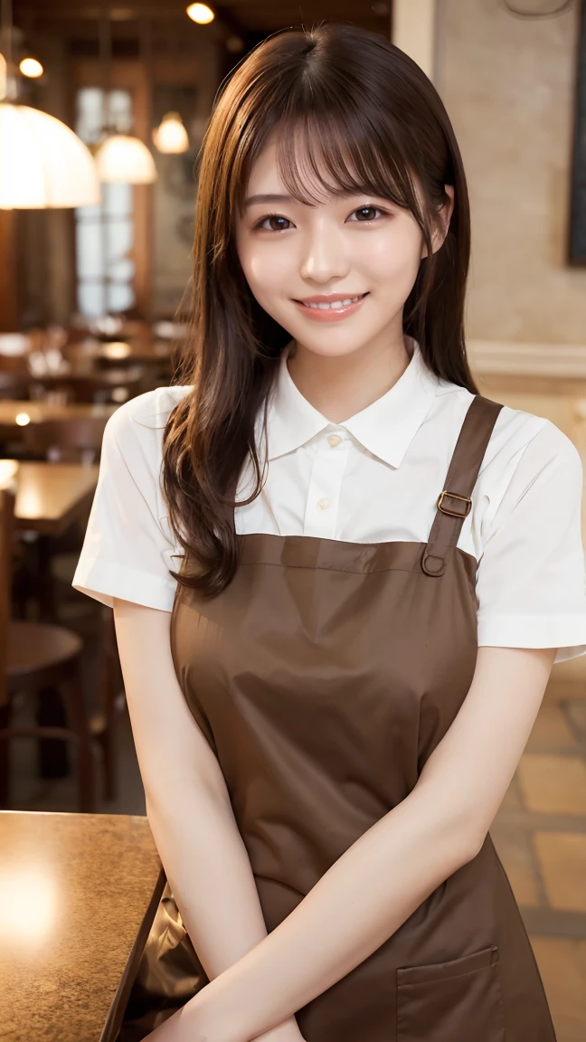 (highest quality、Tabletop、8k、Best image quality、Award-winning works)、Woman working in a café、The perfect brown apron、A classy shirt and apron、Big Breasts、(Accentuate your body lines:1.1)、Beautiful woman portrait、The most elegant and cozy cafe、The most natural cafe, Perfectly organized、The most atmospheric and warm lighting、Stylish and elegant cafe、Strongly blurred background、Look at me and smile、Accurate anatomy、Ultra high resolution perfect beautiful teeth、Ultra-high definition beauty face、Ultra HD Hair、Ultra HD The Shining Eyes、The Shining, Super high quality beautiful skin、Super high quality glossy lip