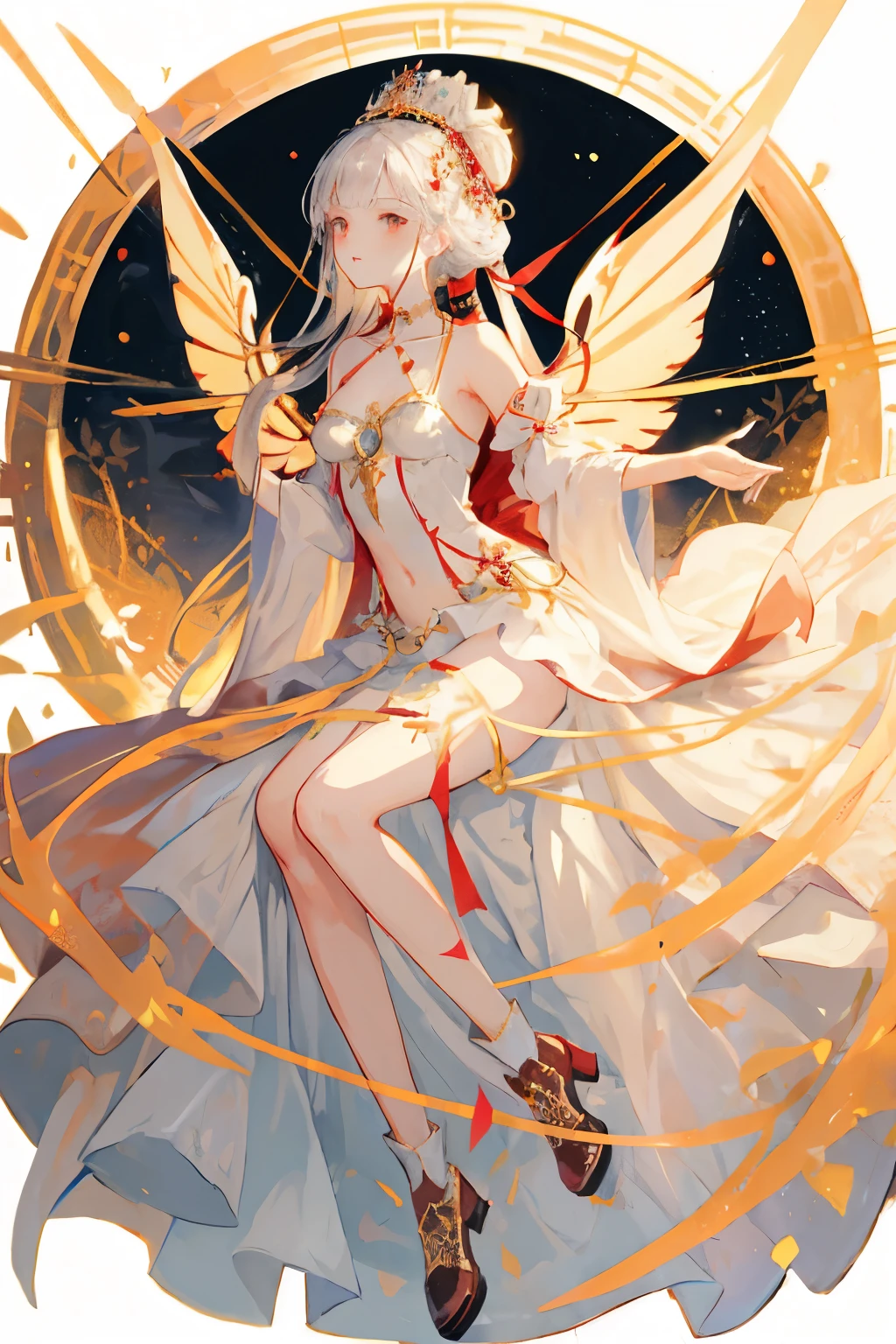  ((best quality)), ((masterpiece)), (detailed), 1girl, Character design, female, astrology, astrological symbolism, star reading, celestrial theme, heavens, heavens above, constellations, dynamic poses, long white grey hair, grey white eyes, very skinny, detailed, best quality, no accesoires around the neck, no shoes, prominent collarbones, skinny arms, flat stomach, visible hip bones, full body, blank white background, plain background, white background, red and white clothing, Bloodborne inspired, occult aesthetic, occult, detailed and intricate steampunk and detailed gothic, NSFW, Very dramatic and cinematic lighting, cosmic horror, grim-dark, side-lighting, perfect face, NSFW, Fluttering lace flared long knee length dress with frilly petticoats, knee length dress, pleated petticoats, petticoats gothic, complex lace boots, side-lighting, gothic aesthetic, wielding a mighty sword with mechanical components, mandalas, small breasts, a fairy, various different types of insect wings, beetle wings, NSFW, full body, whole body, body, plain background, white background, blank background, no background, white background NSFW, chains, full body, whole body, head-to-toe NSFW 