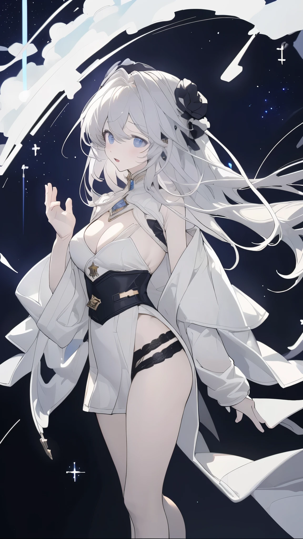 Name: Astoria Stellaracrest
Element: STELLARA
Description: A brilliant sky mage from the Celestial Academy. Her ethereal levitation spell imbues her withInner starry light, as she guides lost souls back to their constellations.
Prompt: ((((Obra maestra, La mejor calidad, ultrahigh resolution, celestial theme))), 1girl, floating, (((doll knees, doll elbows, ((doll joints:1.2, action figure limbs:1.2, segmented body))), [celestial body], (segmented waist), (doll waist), (long silver hair, silver crown), (bright blue eyes with glowing stars), (((ultra detailed eyes:0.7, beautiful and detailed face, detailed eyes:0.9))), ((centered)), (full shot, overhead view), looking up at the sky, (wearing long white robes), , hands crossed in front of , (open mouth and tear trail, expressing deep emotion), ((high contrast, starry background))