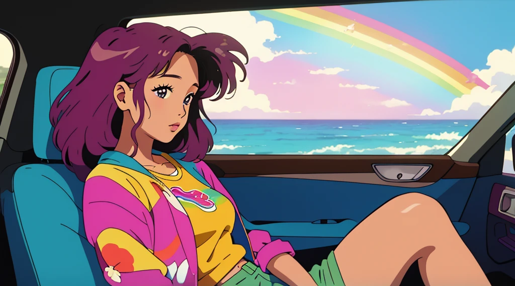 masterpiece, Highest quality, Rainbow Style, anime, Beautiful Asian Girl, Sitting in a car, 80s American hippie style, Along the Hawaiian Coast, Cute and dreamy,anime,Illustrator,LOFI Girl,
