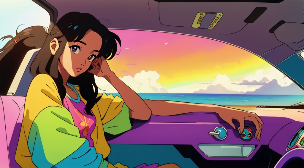 masterpiece, Highest quality, Rainbow Style, anime, Beautiful Asian Girl,  Sitting in a car, 80s American hippie style, Along the Hawaiian Coast, Cute and dreamy,anime,Illustrator,LOFI Girl,