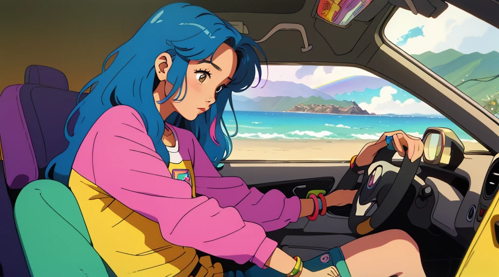 masterpiece, Highest quality, Rainbow Style, anime, Beautiful Asian Girl,  Sitting in a car, 80s American hippie style, Along the Hawaiian Coast, Cute and dreamy,anime,Illustrator,LOFI Girl,