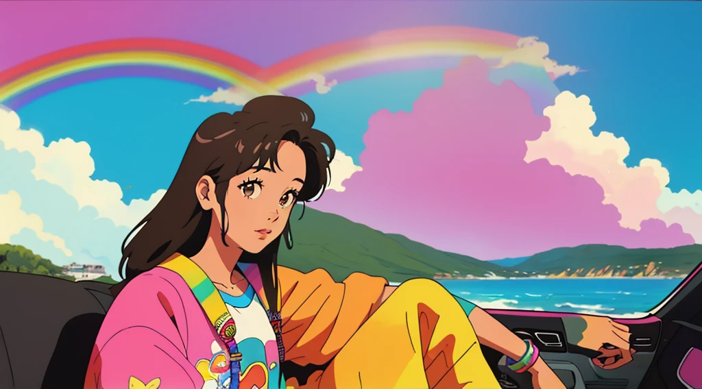 masterpiece, Highest quality, Rainbow Style, anime, Beautiful Asian Girl, Sitting in a car, 80s American hippie style, Along the Hawaiian Coast, Cute and dreamy,anime,Illustrator,LOFI Girl,