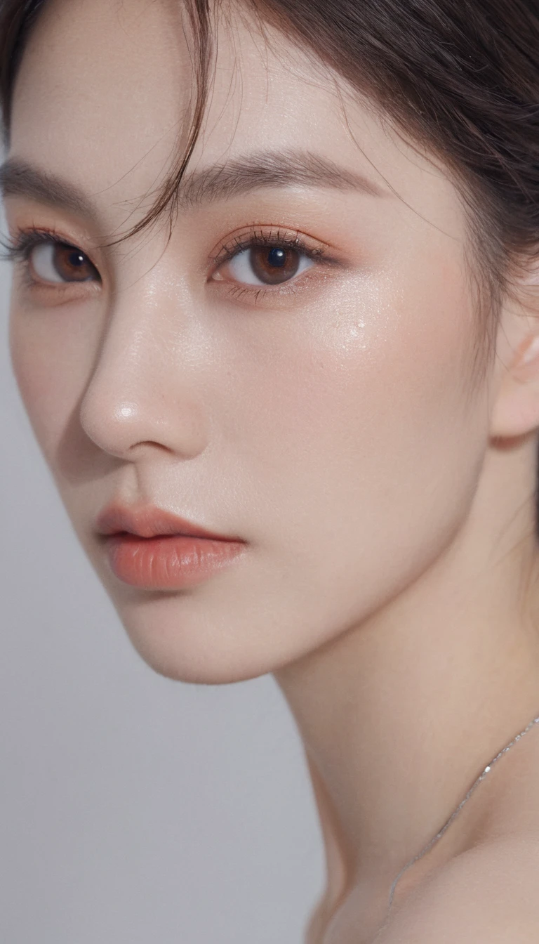 xxmixgirl, Analog Style, Eye focus, Highest quality, (Very detailed skin), Exquisitely beautiful white skin photos, 1８age,  enhancement、Perfect Face, Captivating eyes, (Seductive makeup: 1.3), Skin pores, (Bokeh:1.5), Sharp focus, Dappled Lighting, (Backlight), Film Grain, (Very detailed, Exquisitely crafted), 8K, High resolution, Front view, Studio Light, Very detailed顔, Fine grain, (double eyelid: 1.4), Aristogle, Brown eyes, (commercial: 1.6), (Natural Makeup), ((White studio background: 2))