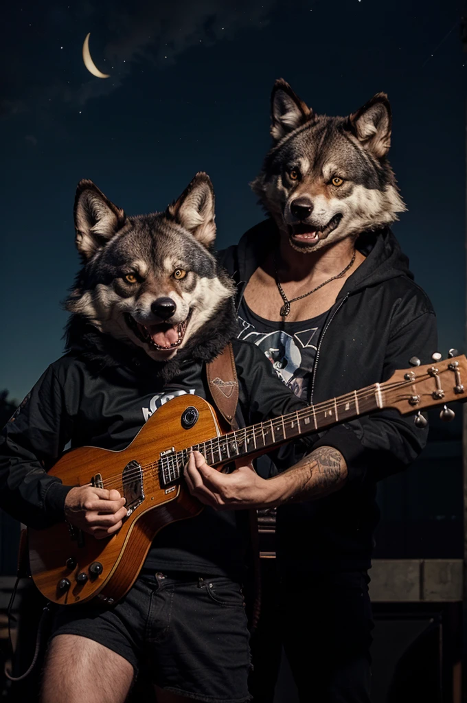 character animal wolf with a bestial grin plays the guitar in the style of James Hetfield against the background of the night sky