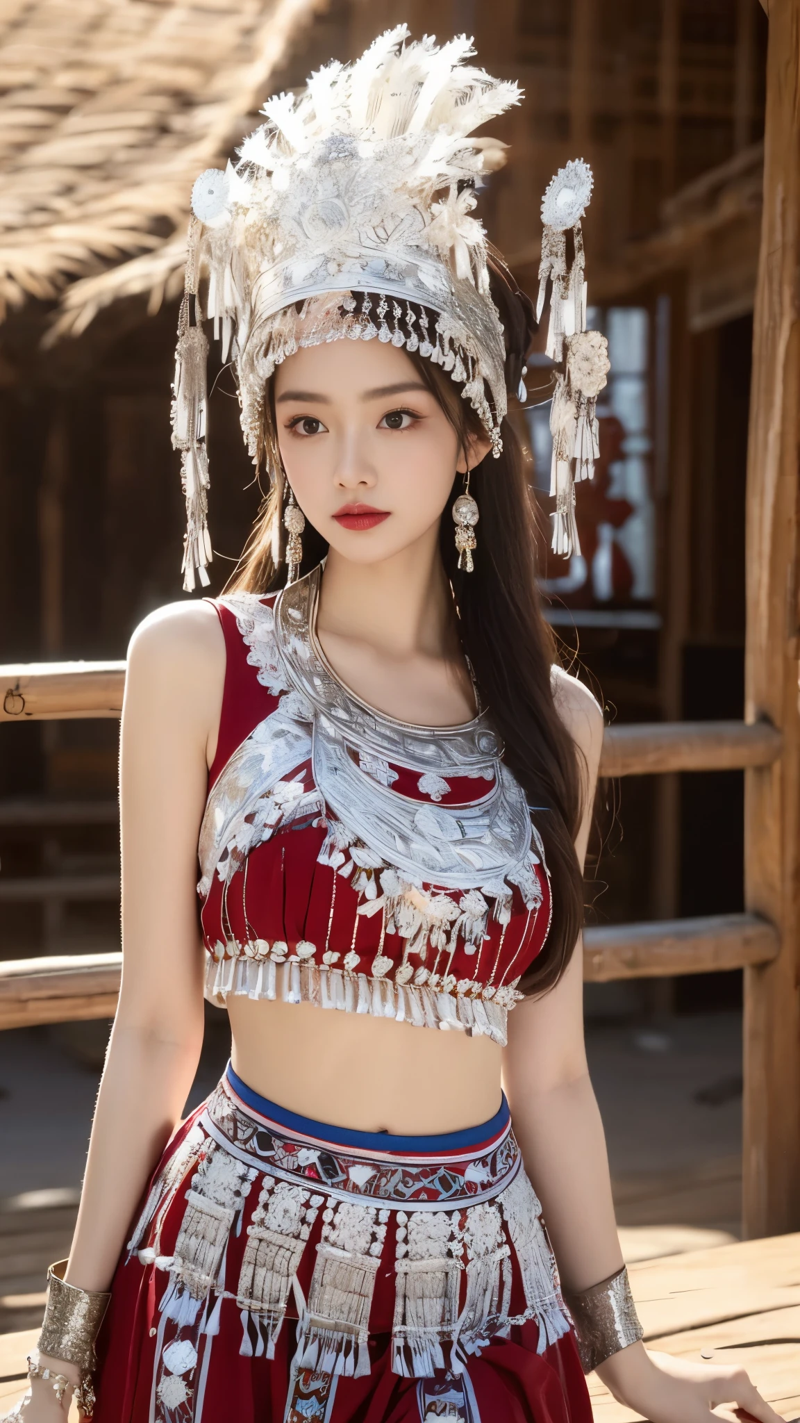 （8K，best quality，masterpiece：1.2），Ultra-high detail，Professional lighting，best quality，Ultra-high resolution，Visually stunning，（1 girl：1.1），（Hmong costumes、headgear），Real human skin，（Perfect body 1.3）Super delicate face。