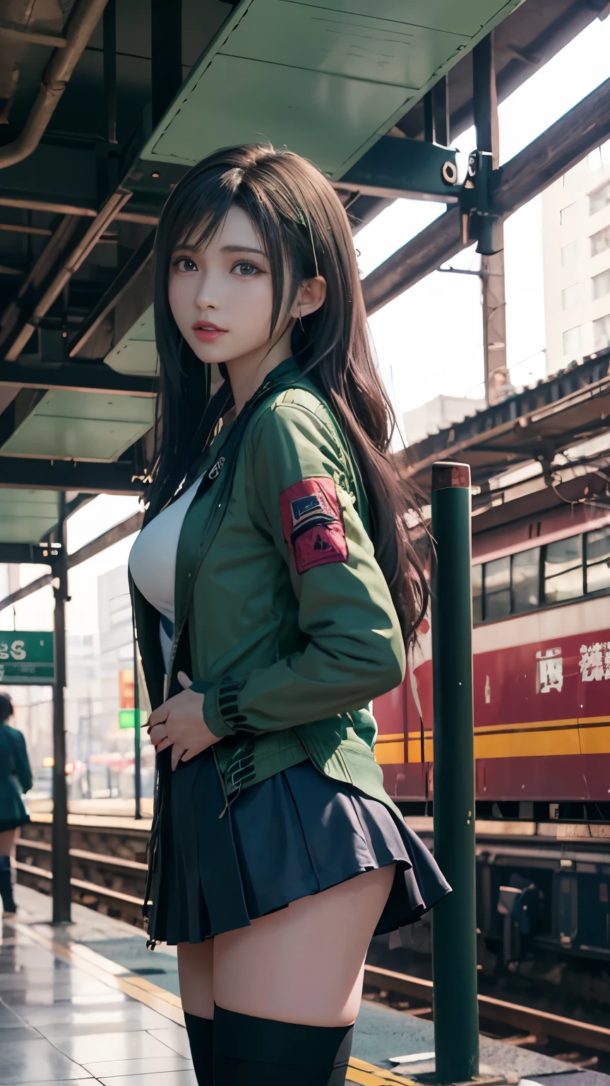 8K resolution, masterpiece, Highest quality, Award-winning works, unrealistic, tifa lockhart, 20-year-old, sexy college school girl, (black long hair:1.3), beautiful Perfect Face, Soft Skin, Perfect Face, Yasutomo Oka's painting style, 165cm tall, Three sizes are 92/60/88, (green jacket:1.5), white silk camisole, deep Cleavage, blue very long skirt with many pIeats, black garter belts, knee high socks, black pumps, details, Splash screen,Sharp eyes, crystal blue eyes, pink lips, BREAK, White Silver, dynamic sexy poses, Sweat, Strong winds, standing alone on station platform, waiting for train coming, Osaka Japan