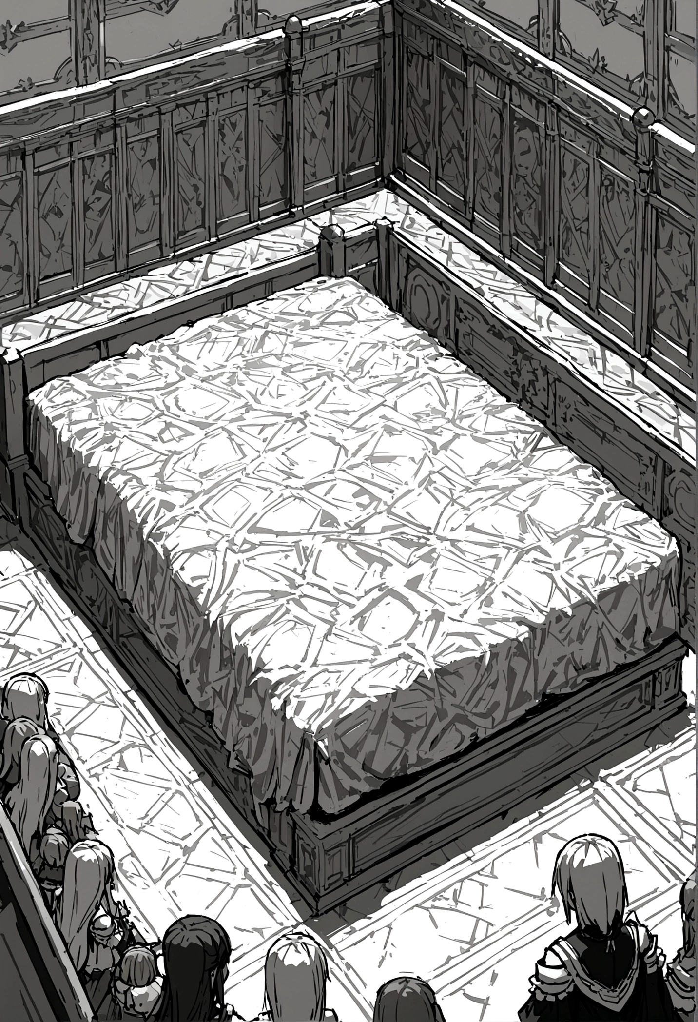 women lying on a bed, 7 princesses lying in a big bed, isometric view of the bed, ultra details, estilo manga isekai, black and white color pattern
