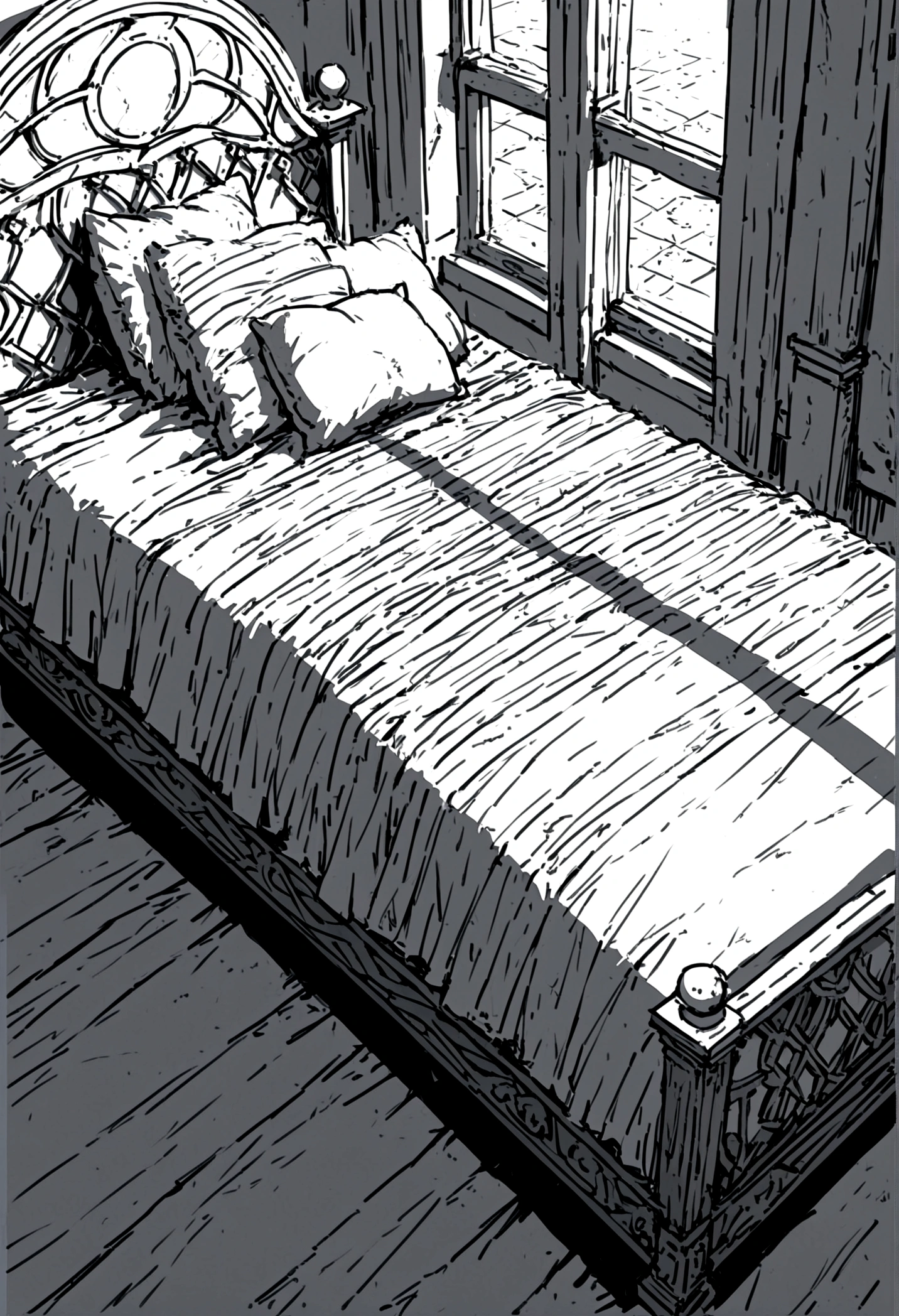 women lying on a bed, 7 princesses lying in a big bed, isometric view of the bed, ultra details, estilo manga isekai, black and white color pattern