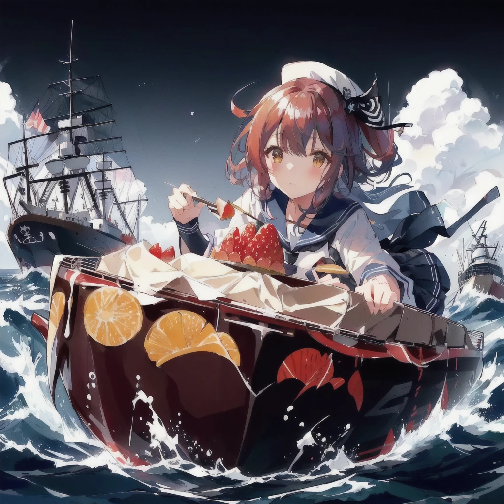 Anime girl in sailor suit with strawberry on pudding boat, Sailboat behind,Kantai Collection Style, konpeki no kantai, Kantai Collection, splash art anime change, Azur Lane Style, From the Azur Lane video game, Anime Wallpaper, small change girl, Anime Food, Kantai Collection Arcade, changesh, change, Eat cake