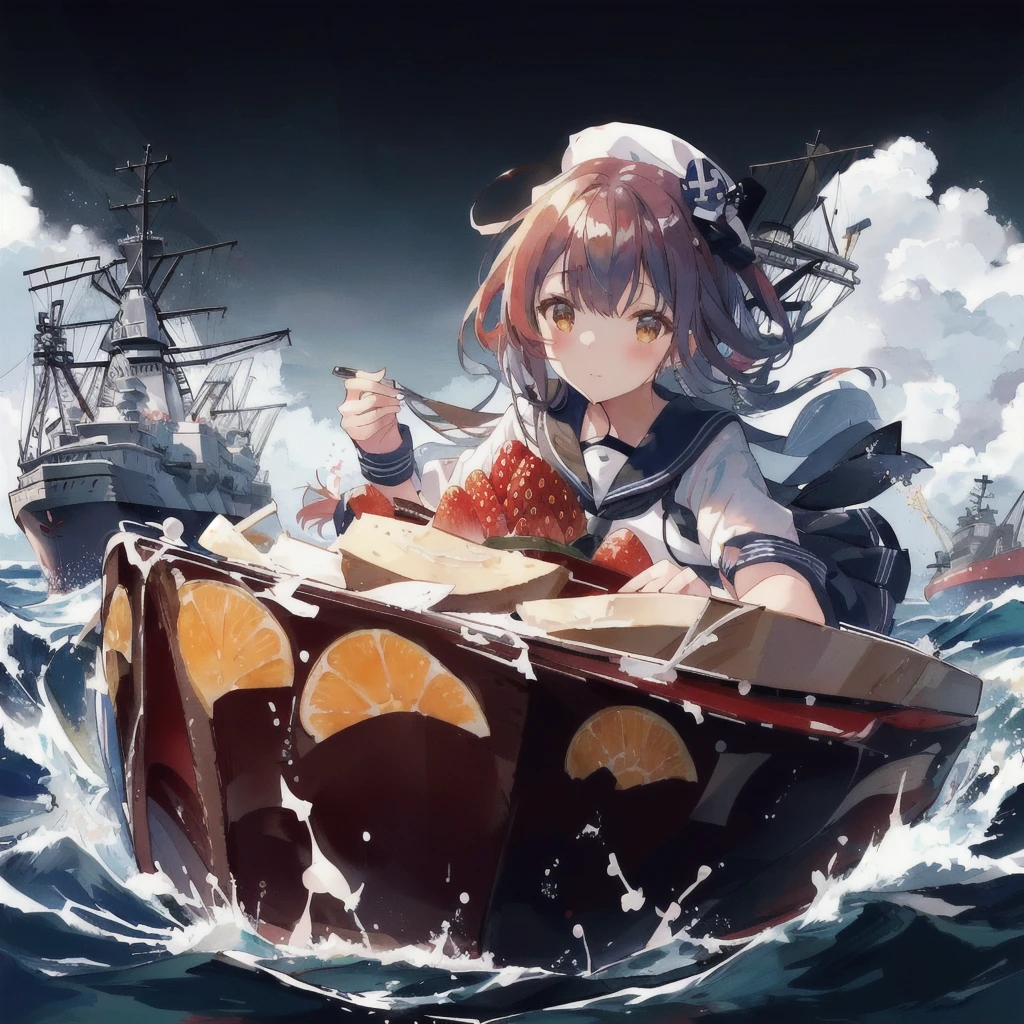 Anime girl in sailor suit with strawberry on pudding boat, Sailboat behind,Kantai Collection Style, konpeki no kantai, Kantai Collection, splash art anime change, Azur Lane Style, From the Azur Lane video game, Anime Wallpaper, small change girl, Anime Food, Kantai Collection Arcade, changesh, change, Eat cake