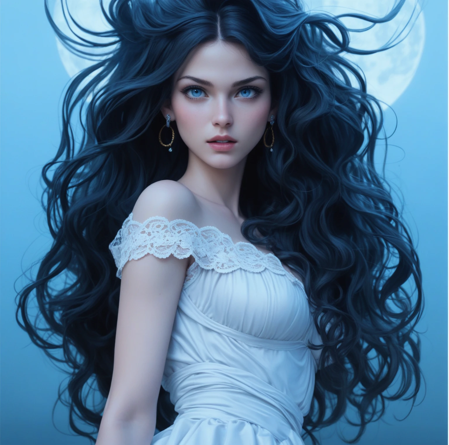 score_9, score_8_up, score_7_up, score_6_up, rating: safe, 1girl, solo, (black_hair:1.5), wavy_hair, jewelry, dress, blue_eyes, earrings, (long_hair:1.5), looking_at_viewer, curly_hair, full_body, lips, lace, white_dress, gold_dress, (night:1.3), cxqz8r, medieval_dress, medieval_landscape, fullmoon, rpg, (rape_face:1.3), narrow_waist, (skinny:1.3), (pale_skin:1.2), open_mouth, parted_lips, furious, (large_breasts:1.2)