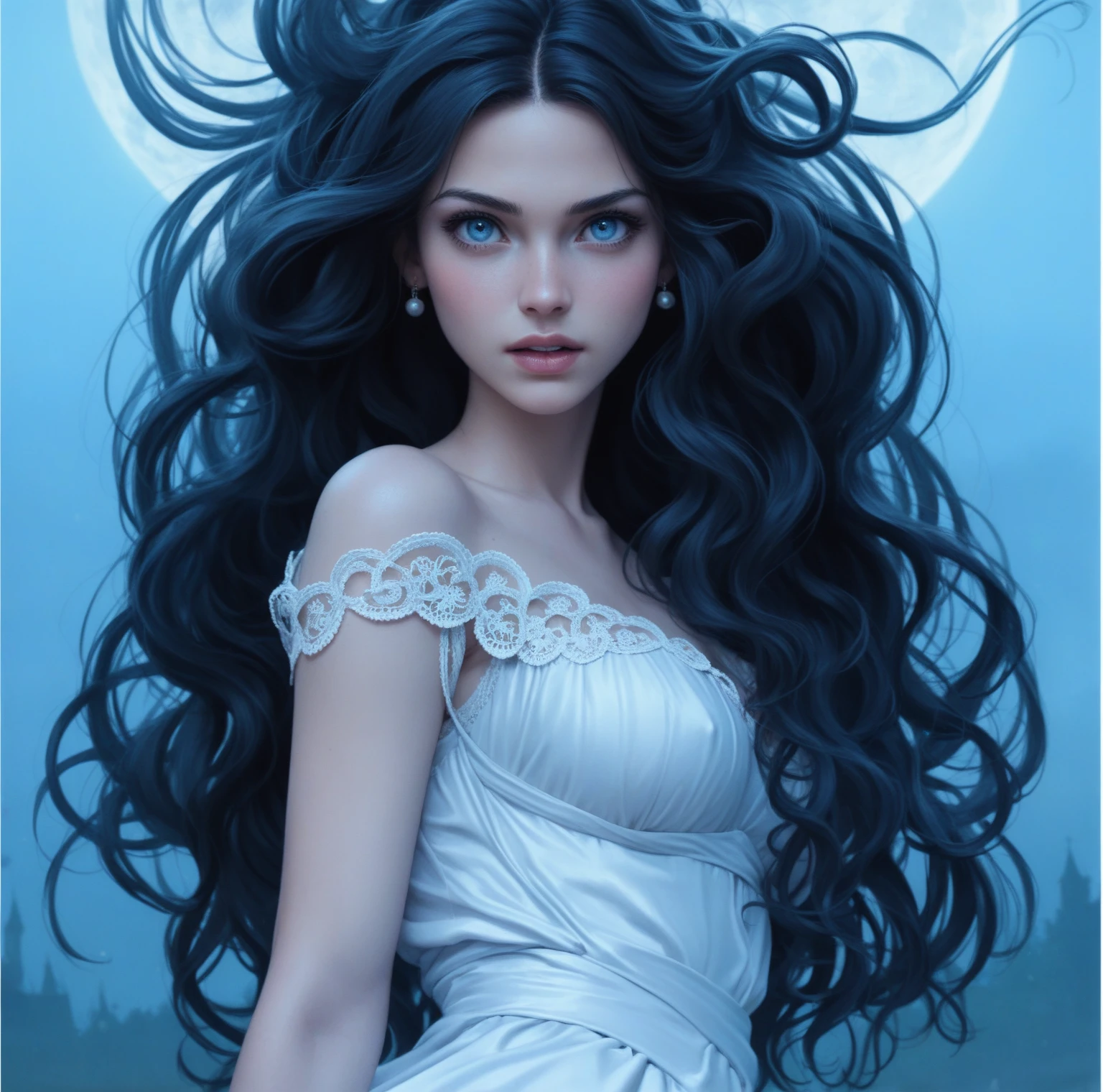 score_9, score_8_up, score_7_up, score_6_up, rating: safe, 1girl, solo, (black_hair:1.5), wavy_hair, jewelry, dress, blue_eyes, earrings, (long_hair:1.5), looking_at_viewer, curly_hair, full_body, lips, lace, white_dress, gold_dress, (night:1.3), cxqz8r, medieval_dress, medieval_landscape, fullmoon, rpg, (rape_face:1.3), narrow_waist, (skinny:1.3), (pale_skin:1.2), open_mouth, parted_lips, furious, (large_breasts:1.2)