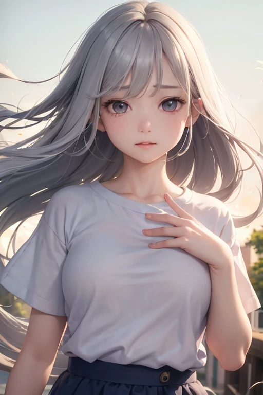 ((fetal))(a very delicate and beautiful)、((Sit down))((The background feels dark))、a very delicate and beautiful)、(Black hair)(The upper part of the body)(tshirts)、dynamic ungle、portlate)、(smooth hair)、(Big eyes)beautiful countenance、de pele branca、depth of fields、radiant lips、irate、(mournful)Concrete background、