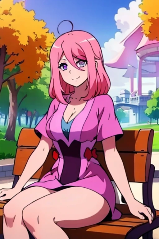 A pink haired woman with violet eyes with an hourglass figure in a cute summer dress is smiling on a park bench