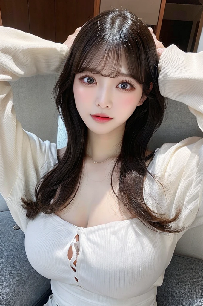 ,（open mouth、 on tougue、Big Breasts、valley）,（Raise your knees and open your legs、Raise your arms）、Beauty、double eyelids、Tear bags、Big, round eyes、Long eyelashes）、highest quality
