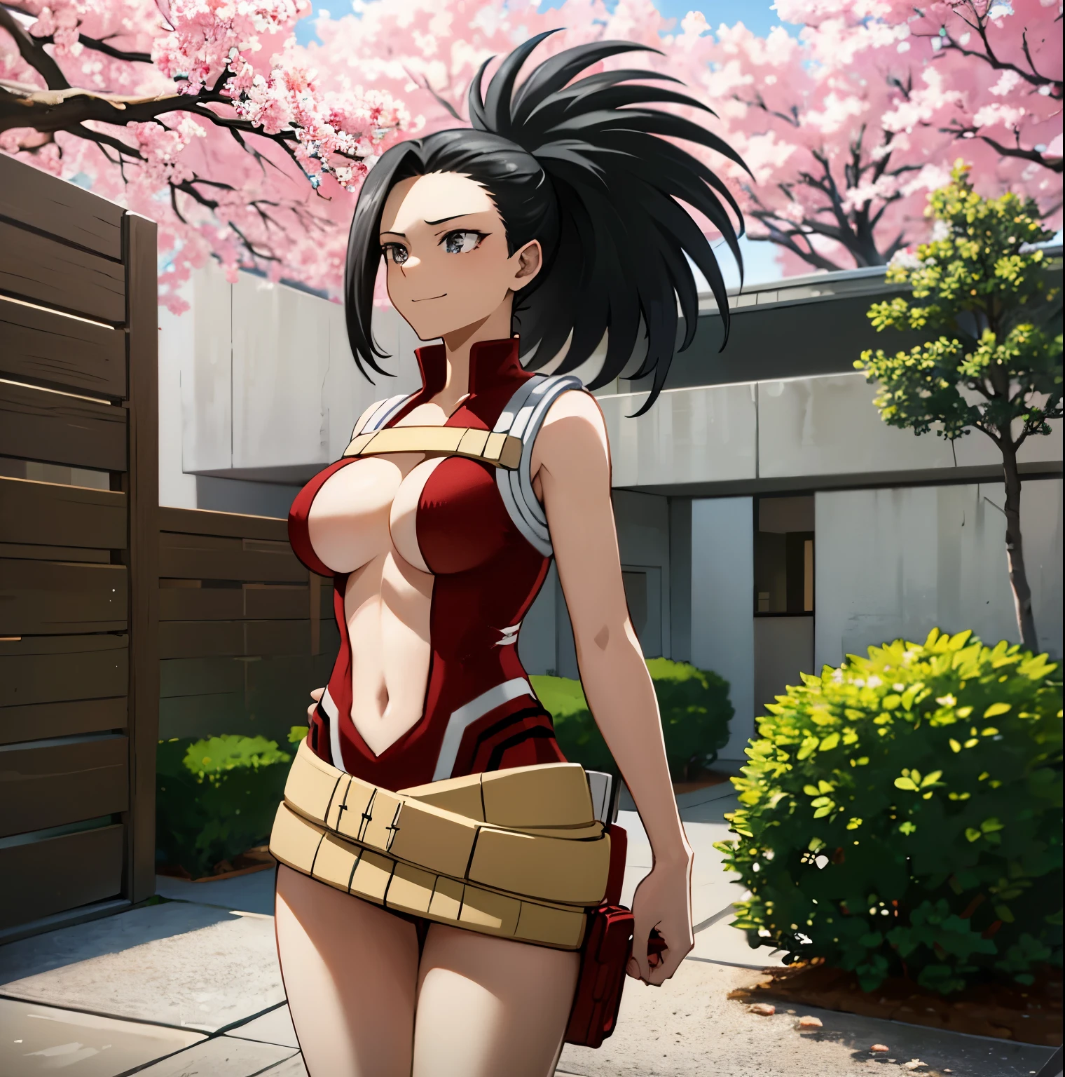 1girl,alone,momo yaoyorozu,masterpiece,best quality,high resolution,ultra detailed,detailed eyes,cowboy shot,dynamic posture,sharp focus,soft and smooth skin,seductive,smiling,closed mouth,looking at viewer,black hair , ponytail, hair tied back, black eyes, big breasts, medium waist, wide hips, wide thighs, red leotard, exposed navel, bare arms, bare legs, belt, smile, standing, direct, arms on waist , outdoors, Japanese park, cherry trees, front view, ((focus on breasts)), pov (from the middle), perfect anatomy, perfect hands