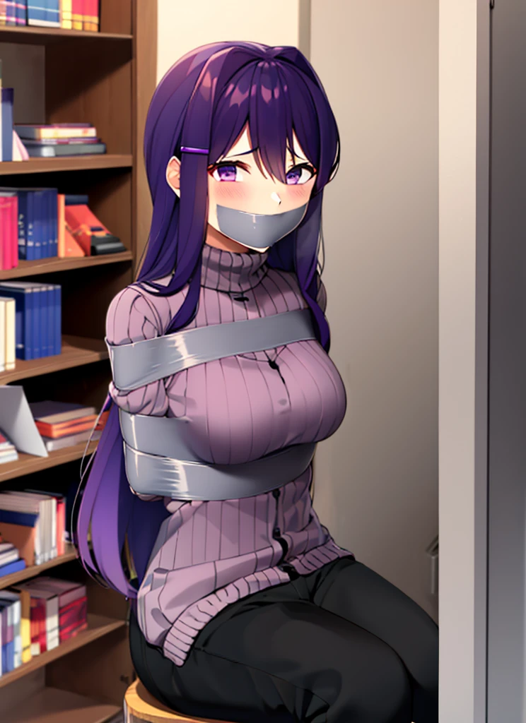 ((best quality)), ((highly detailed)), absurdres, (detailed eyes, deep eyes), (1girl), dynamic pose, Yuri, purple eyes, ((purple hair)), very long hair, sidelocks, hair ornament, hairclip, large breasts, smile, ribbed sweater, long sleeves, turtleneck sweater, pants, black pants, turtleneck, reading a book, (indoors, at a library, book shelves), bbcchan, tape gag, tape bondage, zipper cropped sweater 