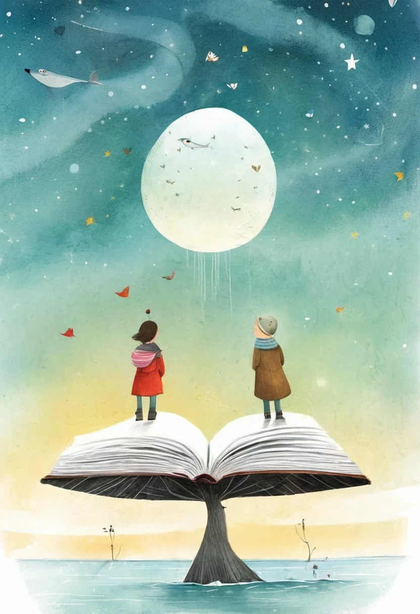 
Create an illustration in the style of Oliver Jeffers, the Northern Irish artist and illustrator, depicting a story about love and education.