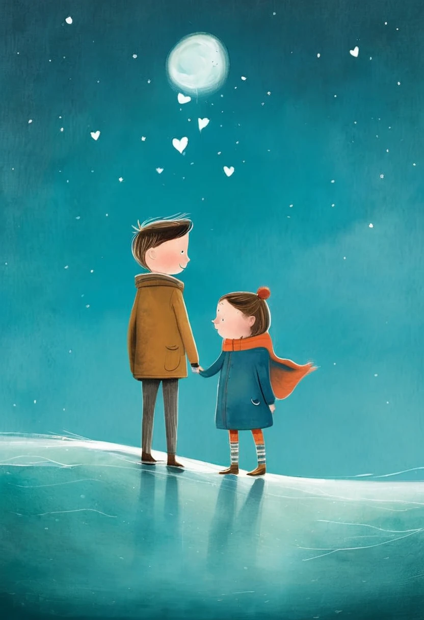 
Create an illustration in the style of Oliver Jeffers, the Northern Irish artist and illustrator, depicting a story about love and education.