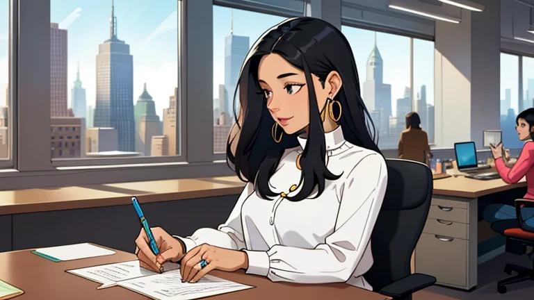 In the background there are many desks and people, Beautiful black-hair woman in her 30s sitting chair in an spacious and colorful office. looking down, relaxed atmosphere, cozy, LOFI girl, blouse, desk, documents, laptop, pen, watch, smartphone, stationery, wide glass window, only five fingers, New York, colorful, can see skyscrapers outside the window, colorful wall, pierced earrings, ring, cabinet, offee cup, Well-proportioned face, Unbroken fingers, unbroken fingers, beautiful captured fingers, White skin, Japanese, She has nothing in her hands