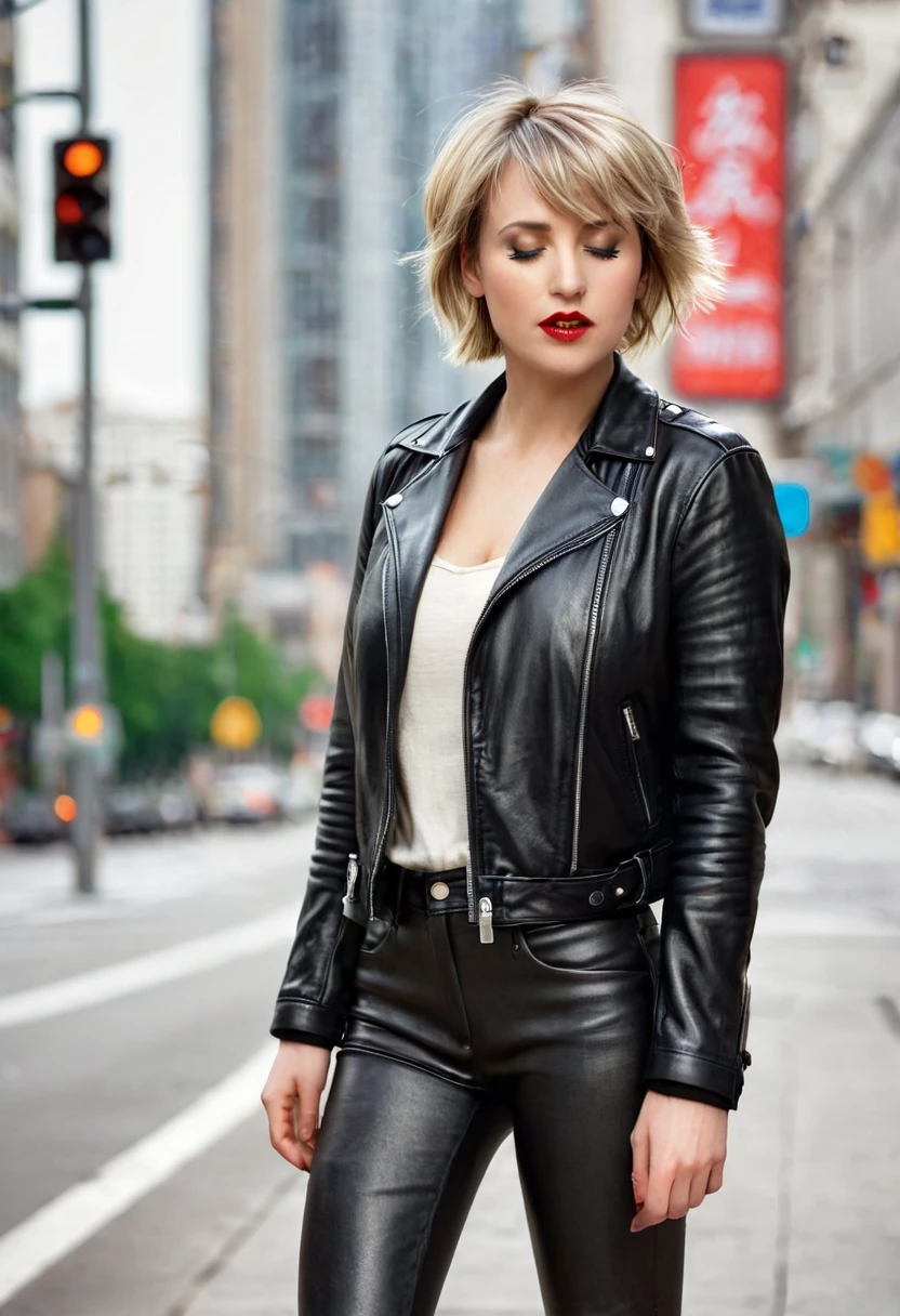 full body Realism, 36-year-old girl, short boyish blond hair, bangs falling on her face, closed eyes, slightly open mouth, red lips, beautiful hairstyle, light makeup, round breasts, in a leather jacket, tight leather pants, beautiful shoes on her feet, walking city street in the background , detailed appearance, detailed hairstyle, detailed environment, detailed background, a modern city in the background, the photo was taken with a photorealistic SLR camera, resolution full hd, 8K