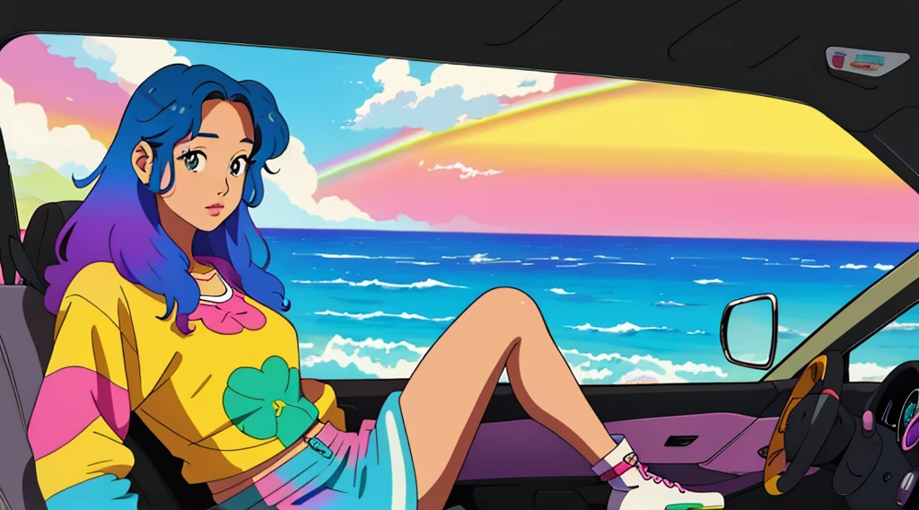 masterpiece, Highest quality, Rainbow Style, anime, Beautiful Asian Girl, Sitting in a car, 80s American hippie style, Along the Hawaiian Coast, Cute and dreamy,anime,Illustrator,LOFI Girl,