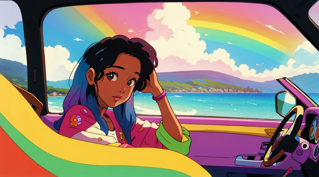 masterpiece, Highest quality, Rainbow Style, anime, Beautiful Asian Girl, Sitting in a car, 80s American hippie style, Along the Hawaiian Coast, Cute and dreamy,anime,Illustrator,LOFI Girl,