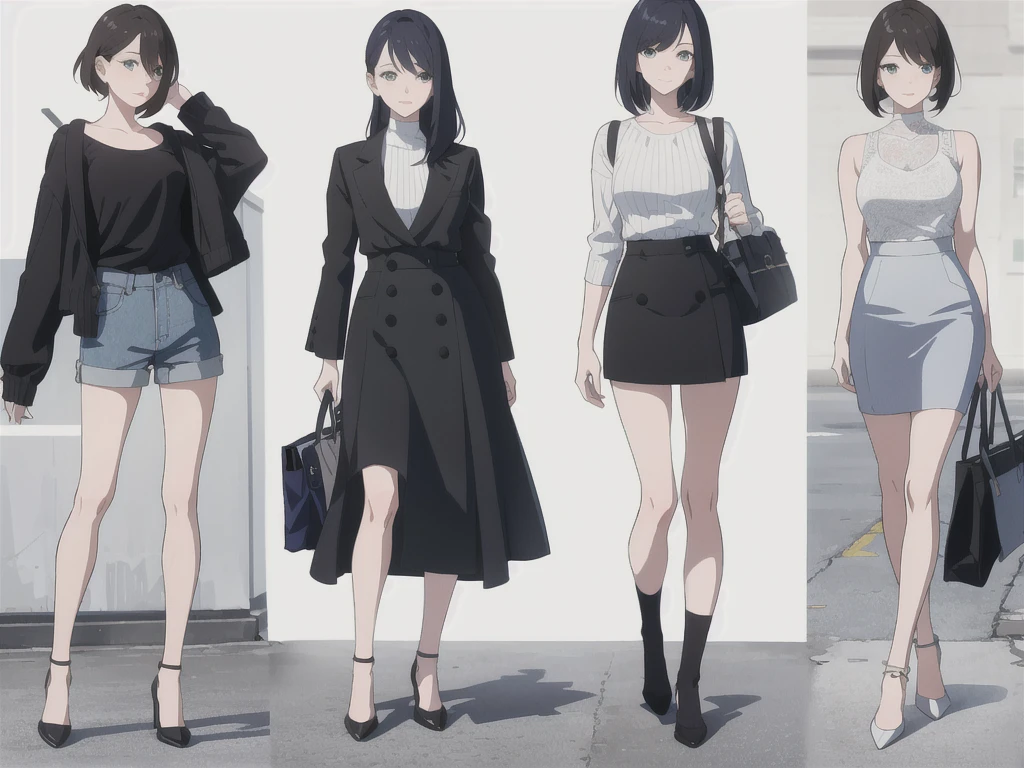 (((Best Quality))) , ((full body)), 4 lady, adult woman, multiple views, white background, variety of hairstyles, variety of fashion styles, seductive pose, fashionable and trendy atmosphere, holding bag, spring outfits, walk pose, short shorts,
