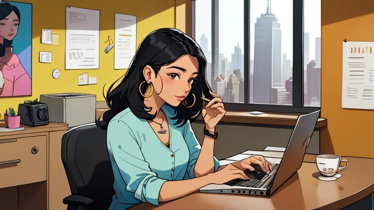 In the background there are many desks and people, Beautiful black-hair woman in her 30s sitting chair in an spacious and colorful office. looking down, relaxed atmosphere, cozy, LOFI girl, blouse, desk, documents, laptop, pen, watch, smartphone, stationery, wide glass window, only five fingers, New York, colorful, can see skyscrapers outside the window, colorful wall, pierced earrings, ring, cabinet, offee cup, Well-proportioned face, Unbroken fingers, unbroken fingers, beautiful captured fingers, White skin, Japanese, She has nothing in her hands