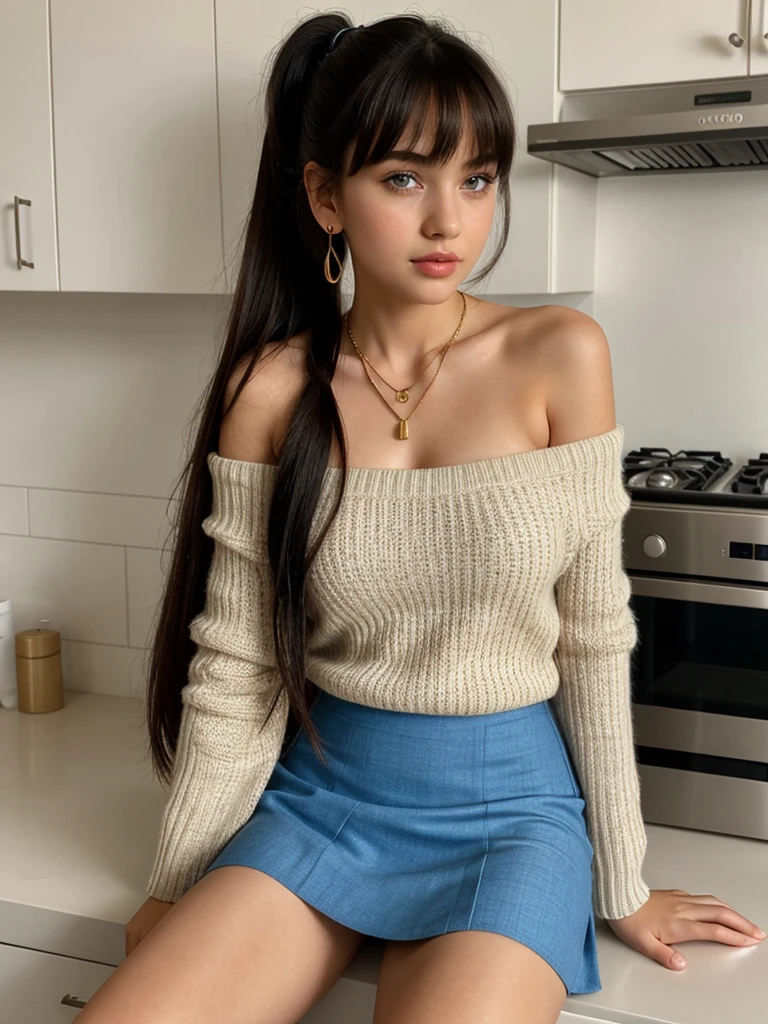 1girl, high quality, high resolution, 4k, 12 year old, childish look, solo, long hair, ponytail, breasts, shaved pussy, open legs, looking at viewer, black hair, bangs, blue eyes, bare shoulders, brown eyes, jewelry, full body, necklace, off shoulder, sweater, lips, realistic, nose, flirting with camera, short skirt, stockings, sitting in kitchen counter