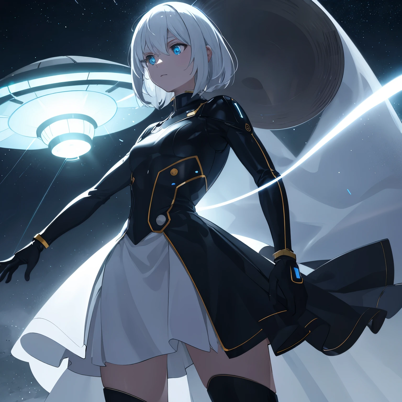 UFO with shining light, Disc-shaped, Mysterious, glowing bottom, Shining light toward ground, Dark silhouette, Muted colors, Atmospheric, Clean lines, Glossy, 8K, HDR, Nighttime, Urban setting, Focused on UFO, Slight blur on background, Realistic, Sharp details, Eerie, Illuminated edges, Extreme detail description, Physically-based rendering, Vivid, Bokeh effect, (Pulsating light:1.4)