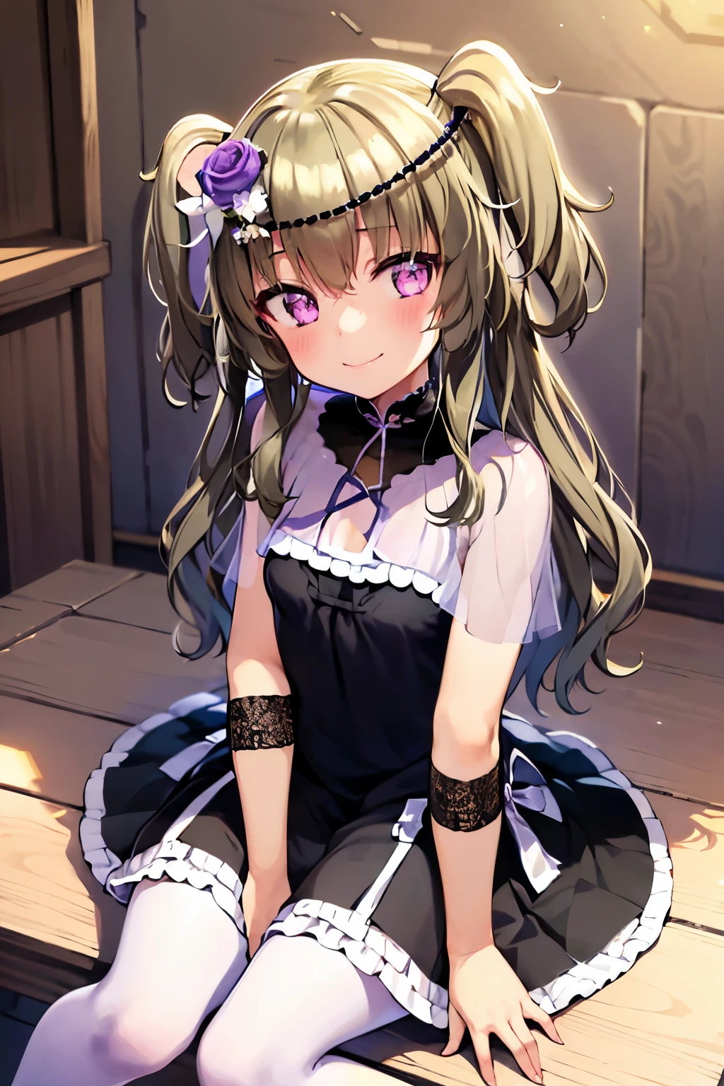 Himari Mei, masterpiece, , cute, flat chest, cute and shy smile, highly detailed sparkling brilliant purple eyes, black dress, perfect body, full body, head tilt, arms behind back, gorgeous restaurant, sitting