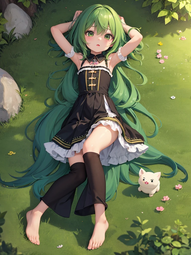 ,masterpiece, highest quality,highquality,HD,anime,small female,cute,pretty,kawaii,micro body,Green hair,Barefoot,slanted eyes,,ebony skin,arms behind